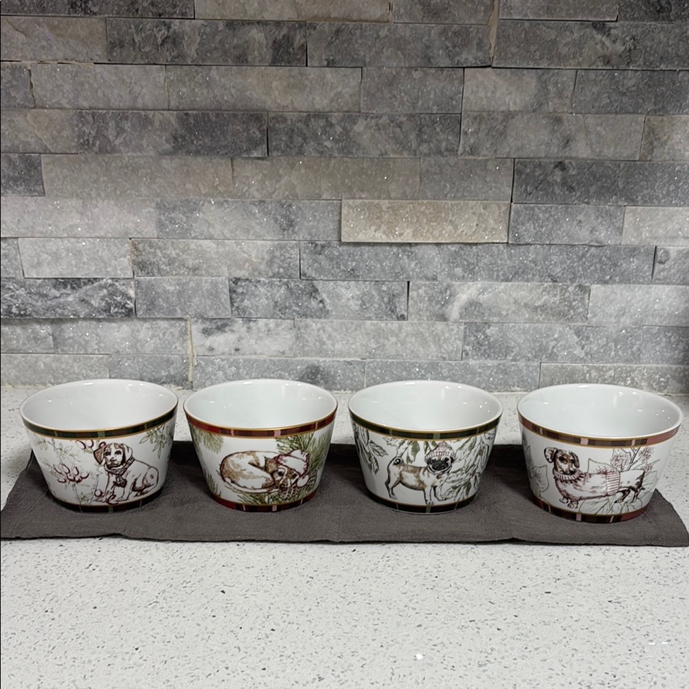 222 FIFTH Wexford Holiday Dog Themed Appetizer Cereal Ceramic Bowls Set 4